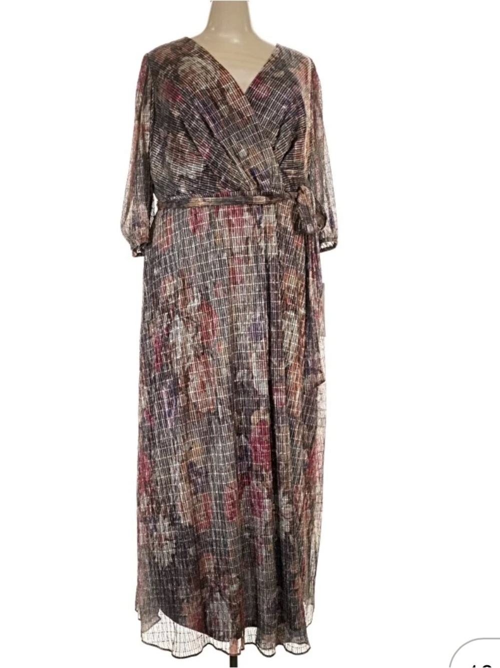 Jessica Howard Metallic Floral Grid Wrap Maxi Dress in Black, Pink and Gold